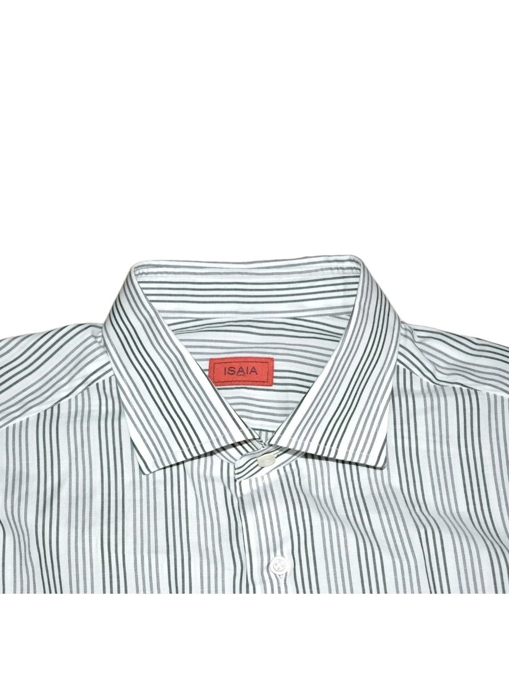 ISAIA Napoli Dress Shirt Mens 16.5 42 White Green Gray Striped Cotton Italy